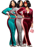 Embroidered  Velour Contrast Color Two Piece Pants Set CH-26037