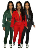 Long Sleeve Patchwork Zipper Coat Pants Suit CH-25018