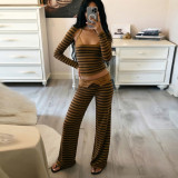 Lace Patchwork Long Sleeve Stripe 3 Piece Pants Set GPKJ-MR51073