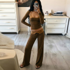 Lace Patchwork Long Sleeve Stripe 3 Piece Pants Set GPKJ-MR51073