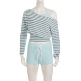 Stripe Long Sleeve Top Drawstring Short Suit GPKJ-MR50968