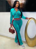 Embroidered  Velour Contrast Color Two Piece Pants Set CH-26037