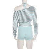 Stripe Long Sleeve Top Drawstring Short Suit GPKJ-MR50968