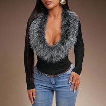Fur Neck Deep V Long Sleeve Top GDSF-Q26TP229