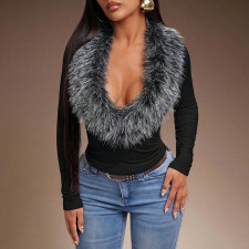 Fur Neck Deep V Long Sleeve Top GDSF-Q26TP229