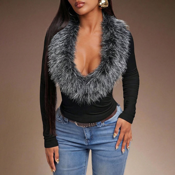 Fur Neck Deep V Long Sleeve Top GDSF-Q26TP229