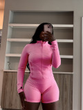 Solid Color Long Sleeve Tight Two Piece Shorts Set CH-24068