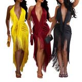 Deep V Neck Backless Tassel Maxi Dress AIL-369