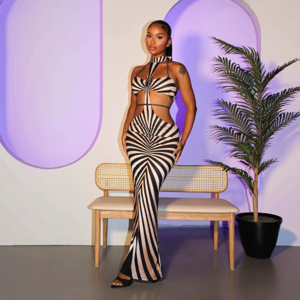 Halterneck Printed Hollow Out Maxi Dress GTYZ-7625