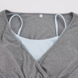 Solid Color Sling Top+Lantern Sleeve Top 2 Piece Set GPKJ-MR51893