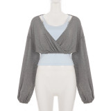 Solid Color Sling Top+Lantern Sleeve Top 2 Piece Set GPKJ-MR51893