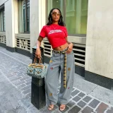 Plus Size Detachable Plaid Printed Belt Embroidered Jeans GYLN-0844