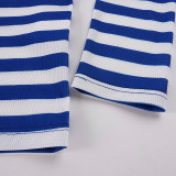 Stripe Long Sleeve V Neck Two Piece Shorts Set GPKJ-MR51589