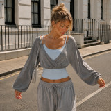 Solid Color Sling Top+Lantern Sleeve Top 2 Piece Set GPKJ-MR51893