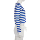 Stripe Long Sleeve V Neck Two Piece Shorts Set GPKJ-MR51589