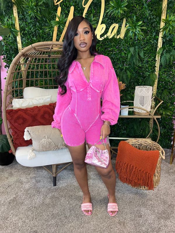 Lapel Deep V Neck Solid Romper CH-24031