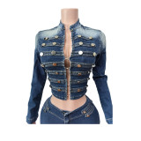 Retro Long Sleeve Denim Two Piece Short Set MEM-88721