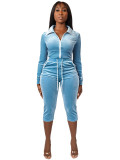Velour Long Sleeve Zipper Two Piece Pants Set CH-26039