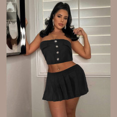 Solid Color Wrap Chest Top Two Piece Skirts Set GNZD-51053SHD
