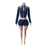 Retro Long Sleeve Denim Two Piece Short Set MEM-88721