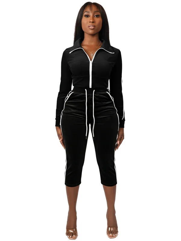 Velour Long Sleeve Zipper Two Piece Pants Set CH-26039