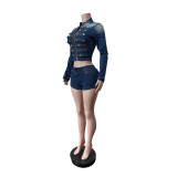 Retro Long Sleeve Denim Two Piece Short Set MEM-88721
