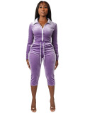Velour Long Sleeve Zipper Two Piece Pants Set CH-26039