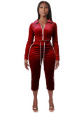 Velour Long Sleeve Zipper Two Piece Pants Set CH-26039