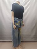 Letter Printed Wide Leg Jeans GAKF-60806
