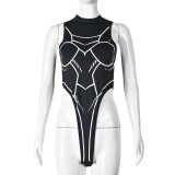 Printed Contrast Color Sleeveless Bodysuit GNZD-41197THG