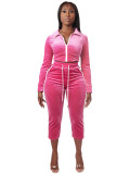 Velour Long Sleeve Zipper Two Piece Pants Set CH-26039