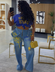 Letter Printed Wide Leg Jeans GAKF-60806