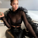 Mesh Patchwork See Through Lace Top GNZD-6555TL