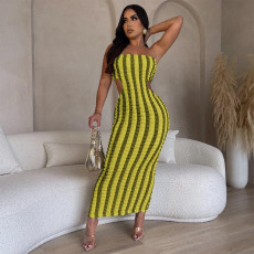 Stripe Contrast Color Strapless Midi Dress GNZD-7945DG