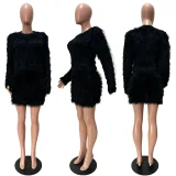 Fur Long Sleeve Two Piece Skirt Knits Suit CM-60908