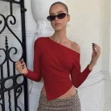 Solid Color Slash Shoulder Long Sleeve T Shirts BLG-T5619509A