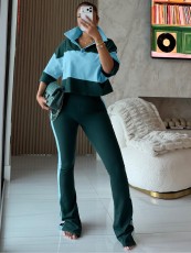 Contrast Color 3/4 Sleeve Two Piece Pants Set QODY-6080
