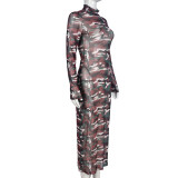 Camouflage Printed Mesh See Through Midi Dress GNZD-9631DD