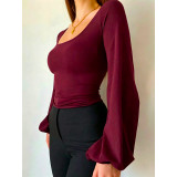 U Neck Lantern Sleeve T Shirt GMKK-mkk7282