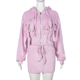 Solid Color Long Sleeve Hooded Two Piece Skirts Set GNZD-9611SD