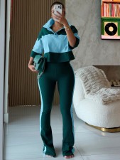 Contrast Color 3/4 Sleeve Two Piece Pants Set QODY-6080