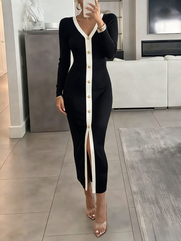 Long Sleeve V Neck Knits Midi Dress GHYX-JYP7098