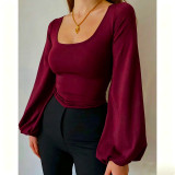U Neck Lantern Sleeve T Shirt GMKK-mkk7282