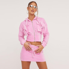 Solid Color Long Sleeve Hooded Two Piece Skirts Set GNZD-9611SD