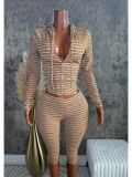 Stripe Long Sleeve Hooded Two Piece Pants Set CH-26050