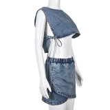 Backless Sleeveless Denim Two Piece Skirt Set GNZD-9199TD
