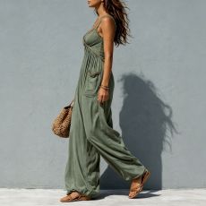 Solid Color Lace Sling Loose Jumpsuit SHD-8130