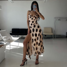 Polka Dot Printed Sling Split Maxi Dress GZJQ-K6D17958A