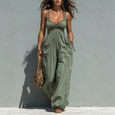 Solid Color Lace Sling Loose Jumpsuit SHD-8130