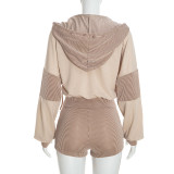 Fashion Patchwork Hooded Top Two Piece Shorts Set GDSF-D26ST348